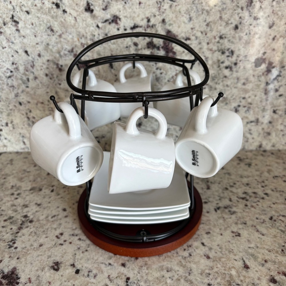 B. Smith Espresso Demitasse Set White Ceramic Square Cups Saucers Metal Rack - Picture 14 of 14